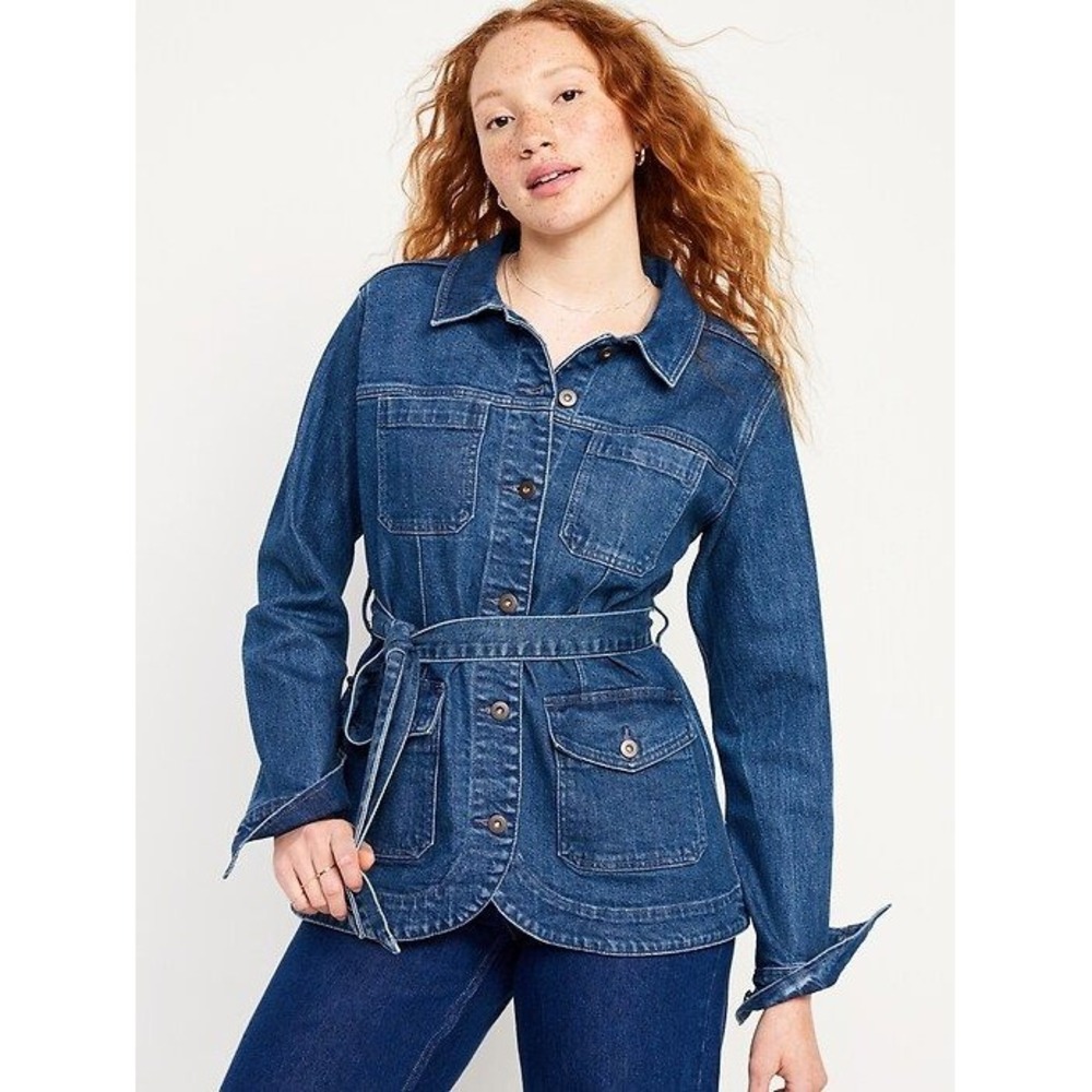 Old Navy Womens Chore Barn Jacket Utility Coat Size M Wash Denim Belted New